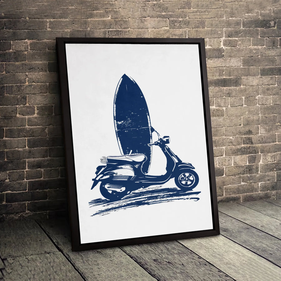 Vintage Scooter Surfboard Wall Art | Coastal Navy Blue Sketch Print | Premium Gallery Wrapped Canvas | Beach House Summer Home Decor