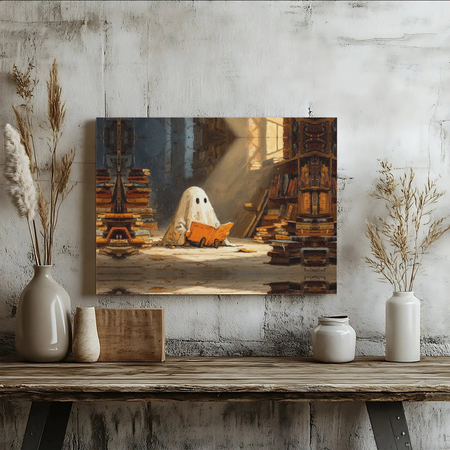 Ghost Reading Book Canvas Art | Whimsical Library Wall Decor | Gallery-Wrapped Premium Print | Spooky Academia Aesthetic Gift for Book Lovers