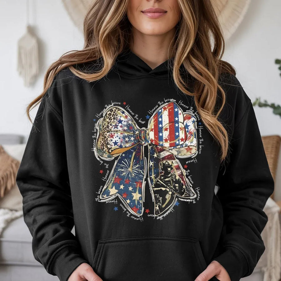 Patriotic Coquette Hoodie | Honor The Brave American Flag Bow Graphic | Soft Unisex Crewneck | Memorial Day & 4th of July Military Gift