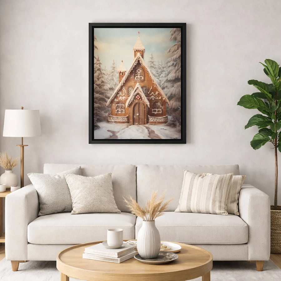 Gingerbread House Church Canvas Wall Art | Snowy Winter Forest Landscape | Premium Gallery Wrap Print | Holiday Home Decor Gift