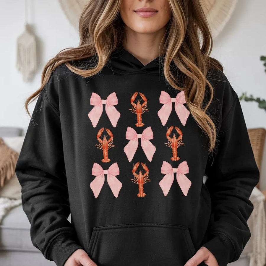 Crawfish Coquette Hoodie | Pink Bow Pattern Pullover | Soft Cotton Blend | Crawfish Boil Festival Gift for Her
