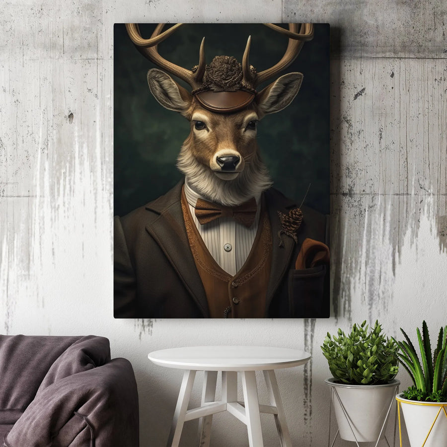 Gentleman Deer Canvas Print | Dapper Stag Portrait in Vintage Suit | Premium Gallery Wrapped Wall Art | Office and Home Decor Gift