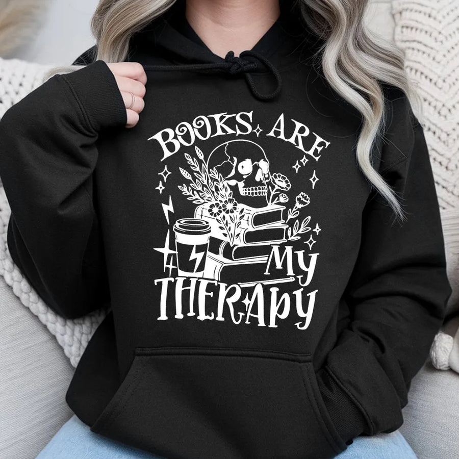 Books Are My Therapy Hoodie | Dark Academia Skull Bookworm Sweatshirt | Premium Cotton Blend | Gift for Readers, Librarians, and Book Lovers