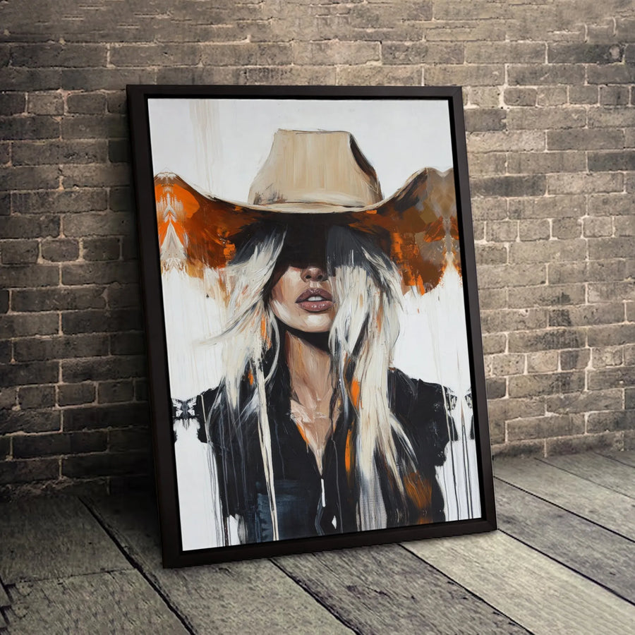 Western Cowgirl Canvas Wall Art | Abstract Blonde Woman Portrait | 1.25" Premium Gallery Wrap | Modern Home Decor Gift