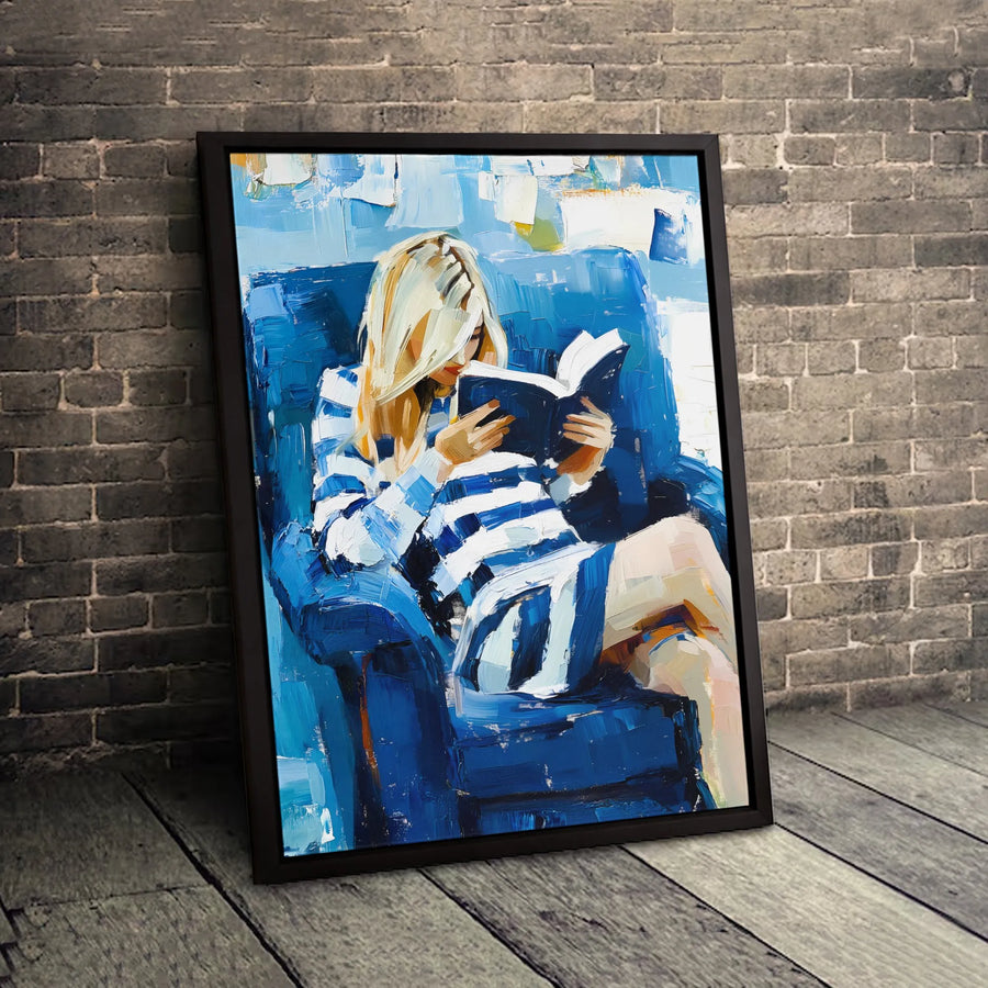 Woman Reading Book Impressionist Canvas Art | Blue Armchair Striped Dress Painting | Premium Gallery Wrap Wall Decor | Aesthetic Home Office Gift