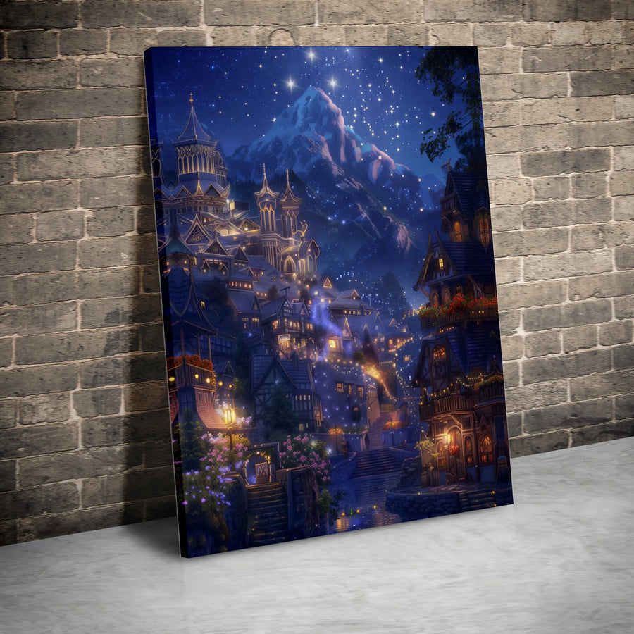 Fantasy Elven City Canvas | Enchanted Mountain Village Wall Art | Premium 1.25" Gallery Wrap | Magical Night Sky Decor For Fantasy Fans