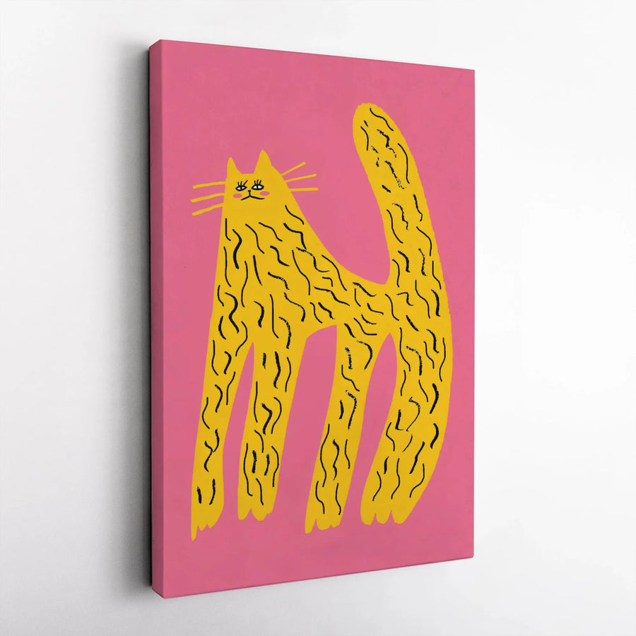 Yellow Cat Wall Art Print | Quirky Abstract Animal Illustration | Premium Gallery Wrapped Canvas | Colorful Maximalist Home Decor Gift