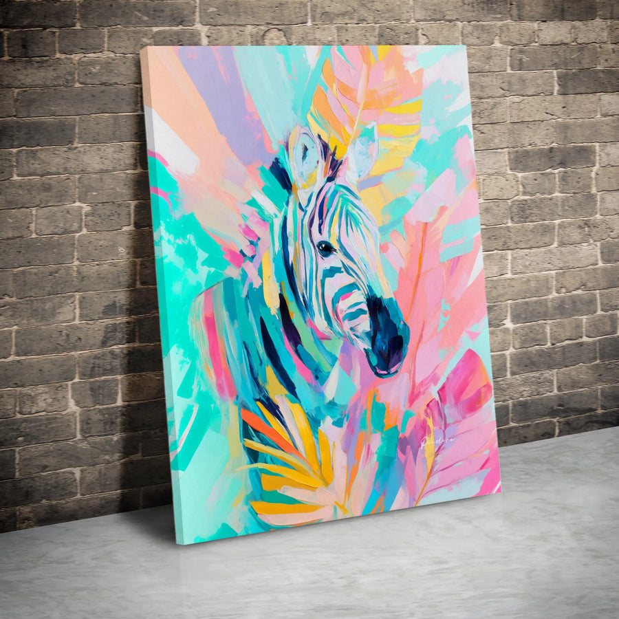 Abstract Zebra Canvas Art | Colorful Tropical Jungle Animal Print | Premium Gallery-Wrapped Wall Decor | Modern Living Room Gift Idea
