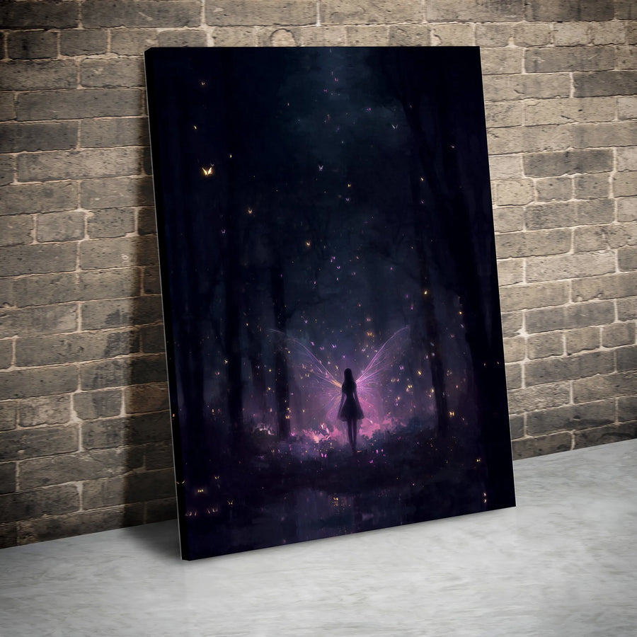 Fairy Wall Art | Glowing Purple Butterfly Wings Magical Forest | Premium Gallery Wrapped Canvas | Enchanted Home Decor Gift