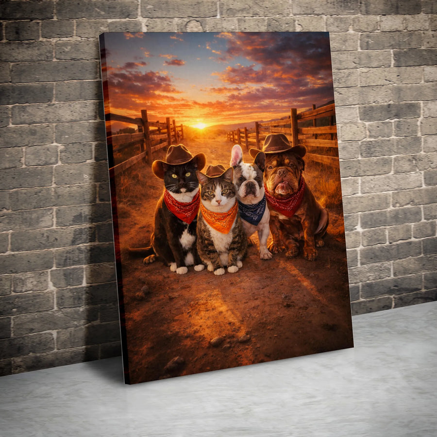Cowboy Pets Canvas Print | Funny Cat and Dog Posse Portrait | Premium Matte Canvas | Gift for Pet Lovers & Country Home Decor