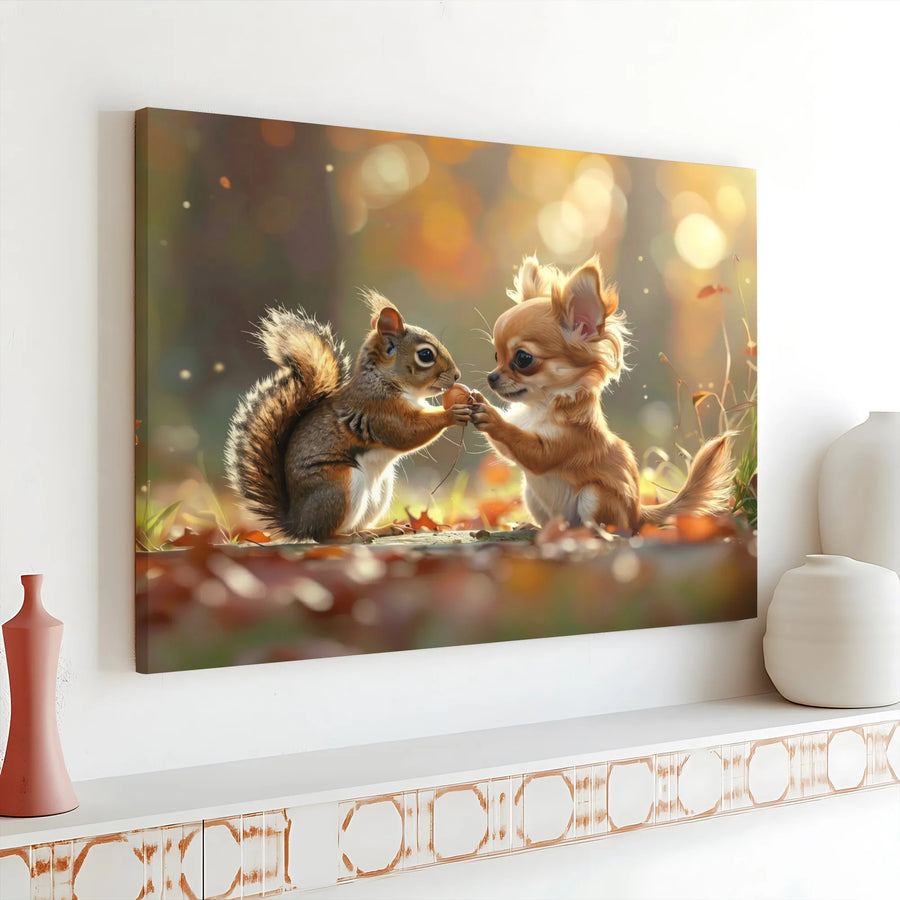 Chihuahua and Squirrel Canvas Wall Art | Whimsical Autumn Forest Friends Print | Premium Gallery Wrapped Canvas | Nursery Decor Gift for Dog Lover