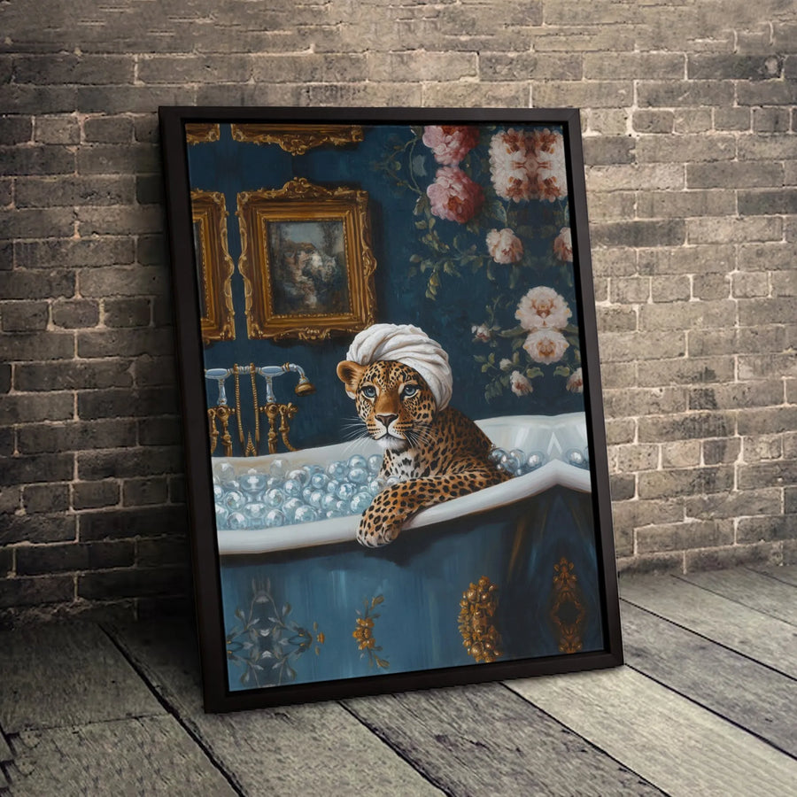 Leopard in Bubble Bath Wall Art | Whimsical Animal Portrait with Turban | Premium Fade-Resistant Canvas | Unique Bathroom Decor Gift