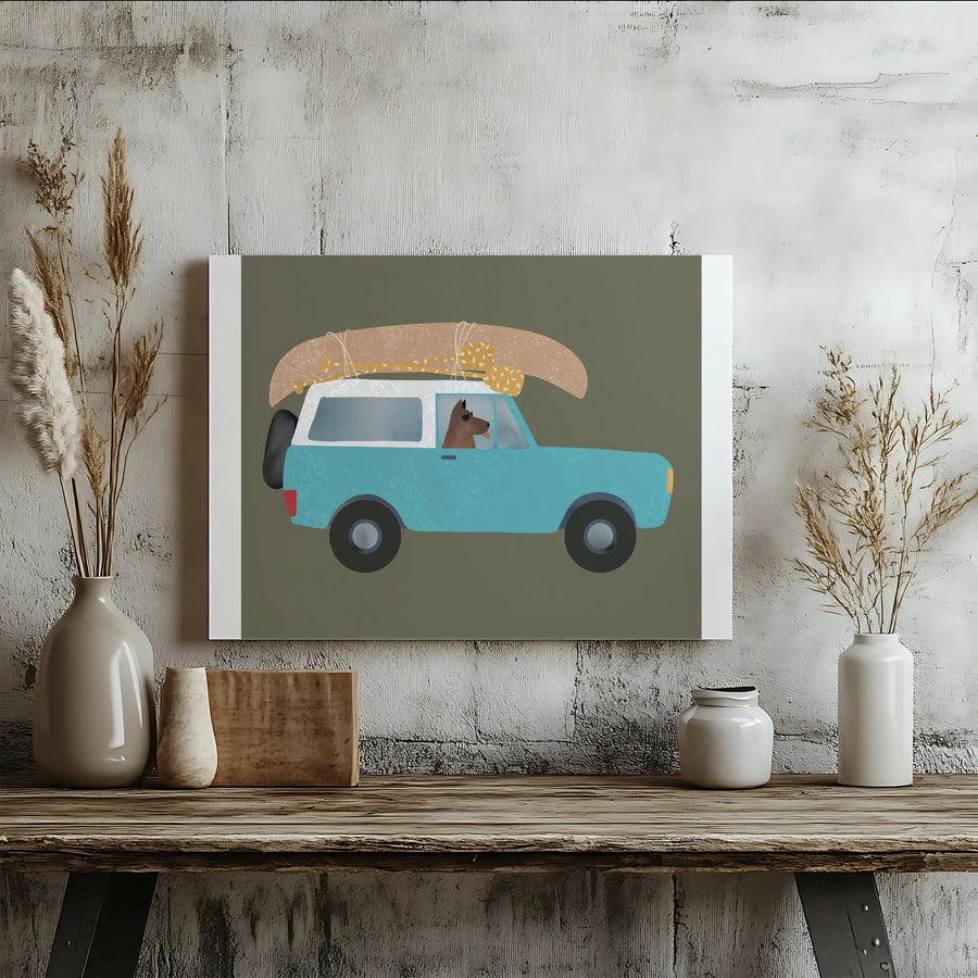 Road Trip Dog Canvas Art | Vintage Truck & Canoe Illustration | Premium Gallery Wrapped Canvas | Kids Room & Nursery Decor Gift