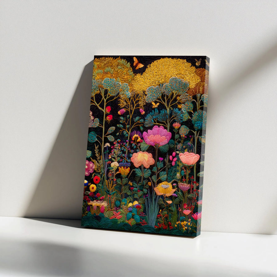 Vibrant Floral Canvas Wall Art | Textured Botanical Tapestry Style Print | Premium Gallery Quality Canvas | Boho Living Room Decor Gift