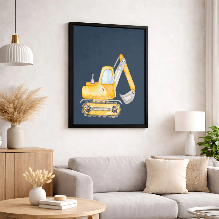 Watercolor Excavator Wall Art | Yellow Construction Vehicle Print | Premium Gallery Canvas | Perfect Nursery or Boy's Room Decor Gift
