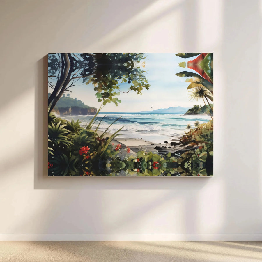 Tropical Beach Canvas Wall Art | Lush Coastal Landscape Painting | Premium Gallery Wrap Print | Serene Seascape Decor for Living Room