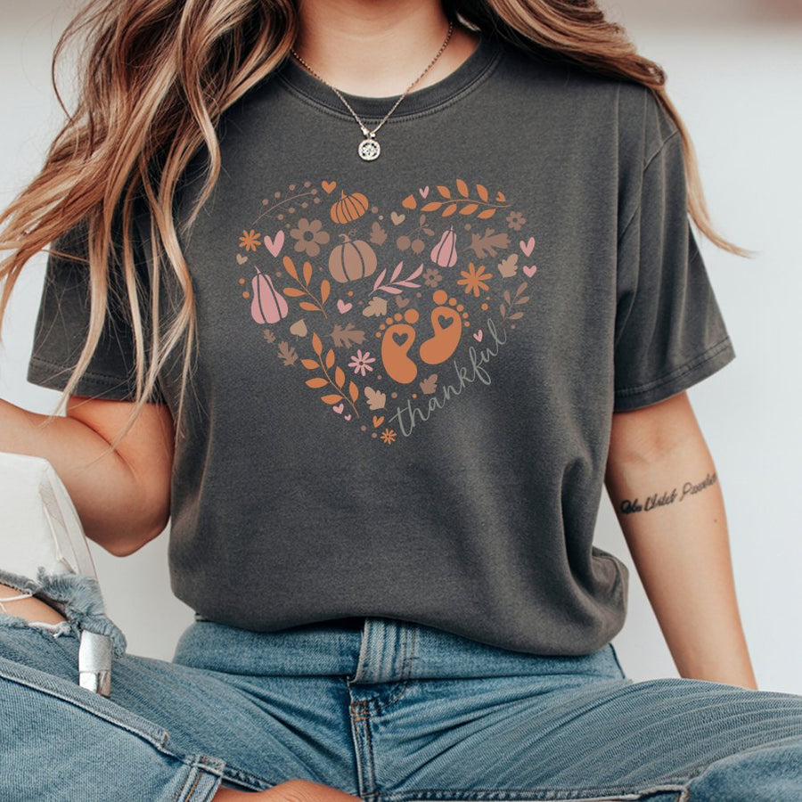 Thankful Pregnancy Announcement T-Shirt | Fall Pumpkin Baby Feet Heart Graphic | 100% Premium Cotton Tee | Expecting Mom Thanksgiving Gift Idea