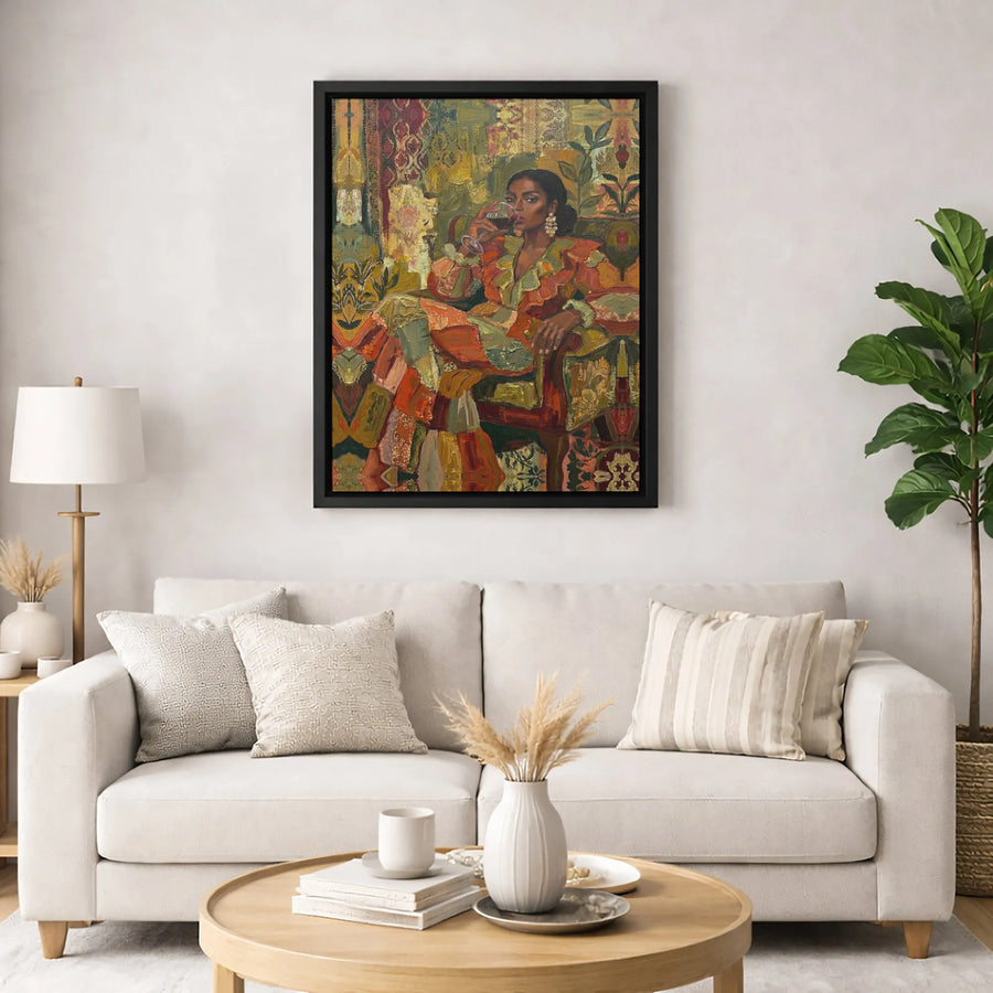 Black Woman Art Print | Elegant Wine Drinking Portrait | Premium Gallery Wrapped Canvas | Sophisticated Home Decor Gift