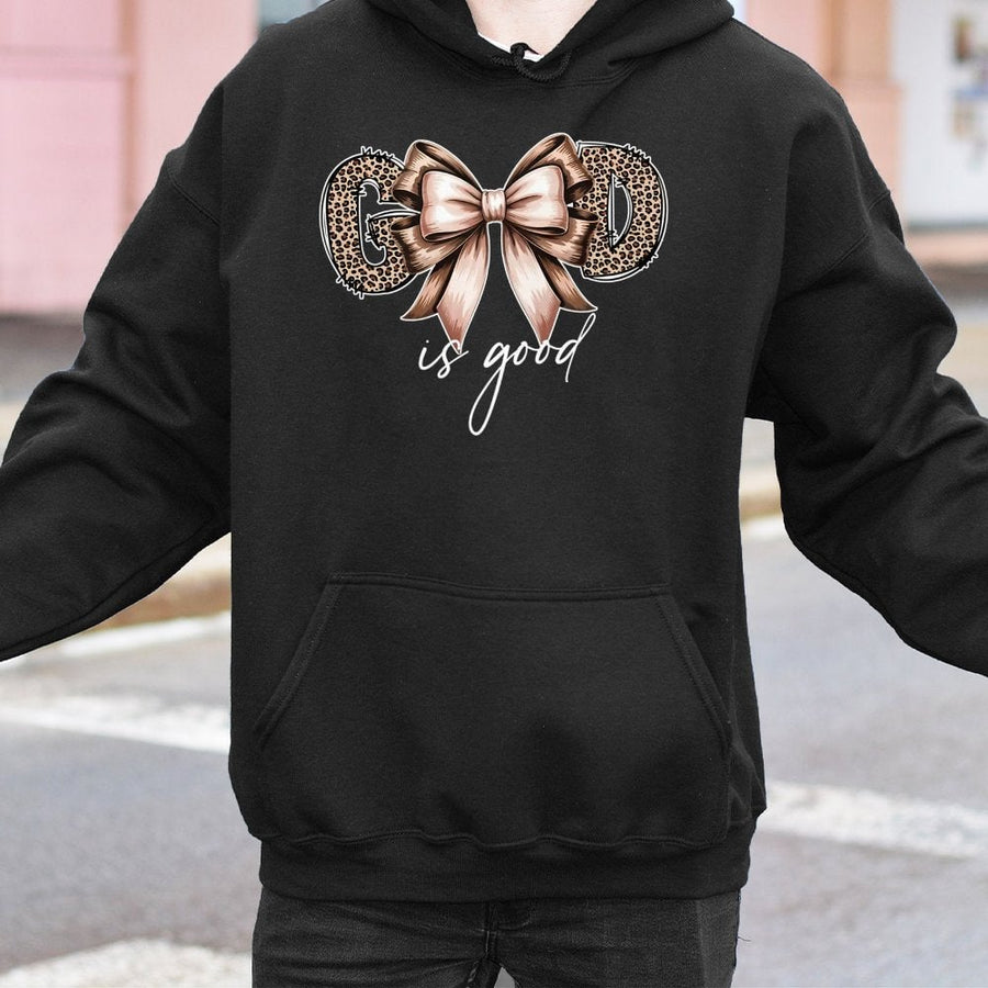 God Is Good Hoodie | Leopard Print Bow Aesthetic Graphic | Soft Cotton Blend Premium Sweatshirt | Christian Faith Apparel Gift For Women