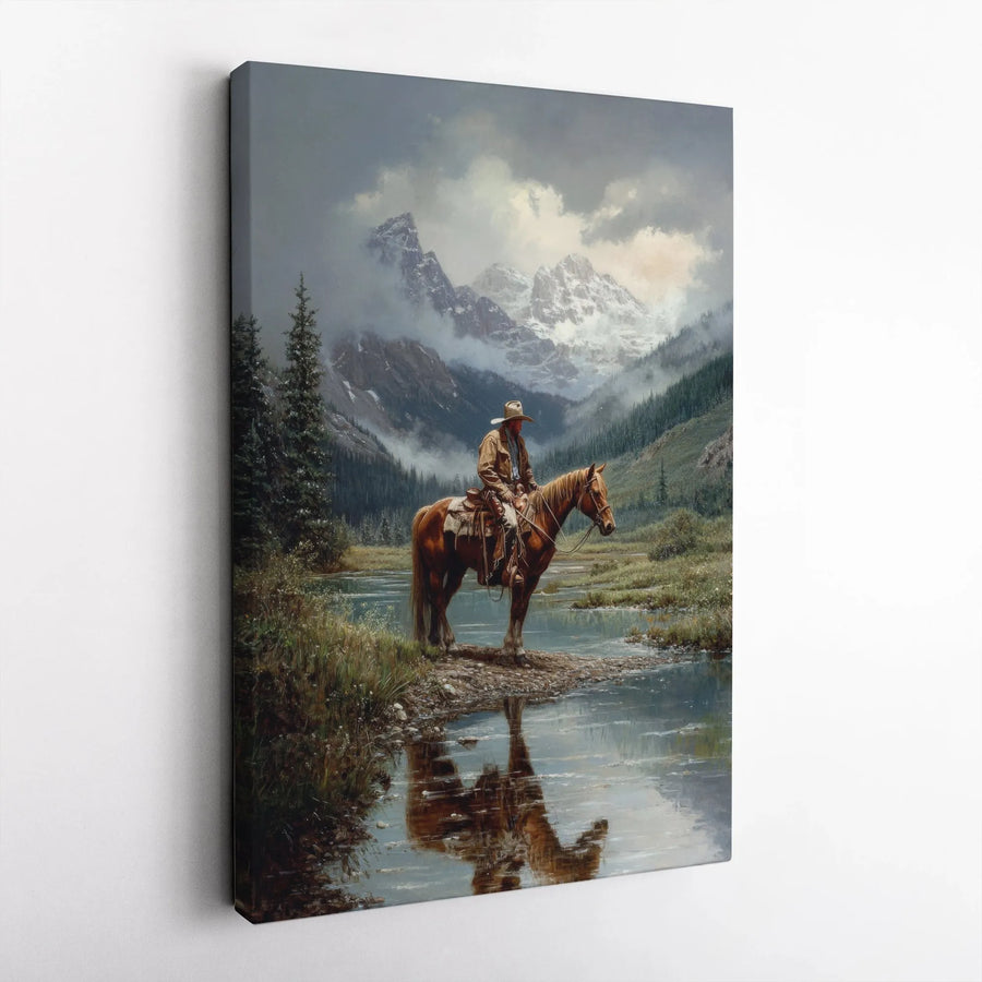 Western Cowboy Canvas Wall Art | Realistic Mountain Rider Painting | Premium Thick Gallery Canvas | Rustic Lodge & Cabin Decor Collector's Gift