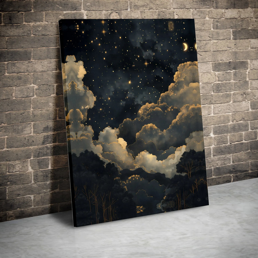Celestial Night Sky Canvas | Gold Clouds And Starry Landscape | Gallery-Quality Fade-Resistant Print | Mystical Home Decor Wall Art