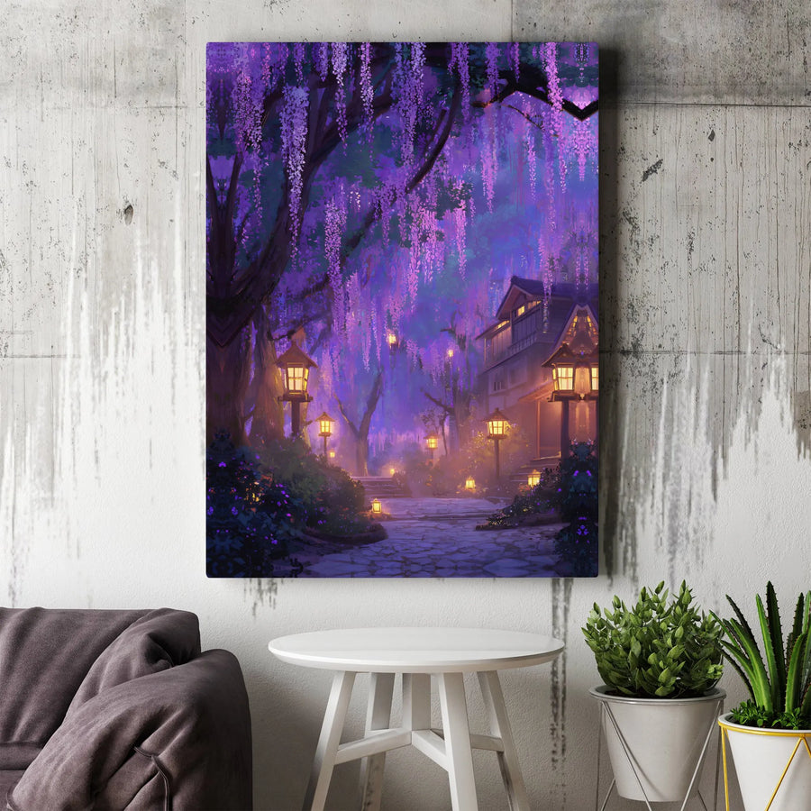 Japanese Wisteria Garden Canvas Art | Magical Night Forest Landscape with Lanterns | Premium Gallery Wrapped | Fantasy Home Decor Gift