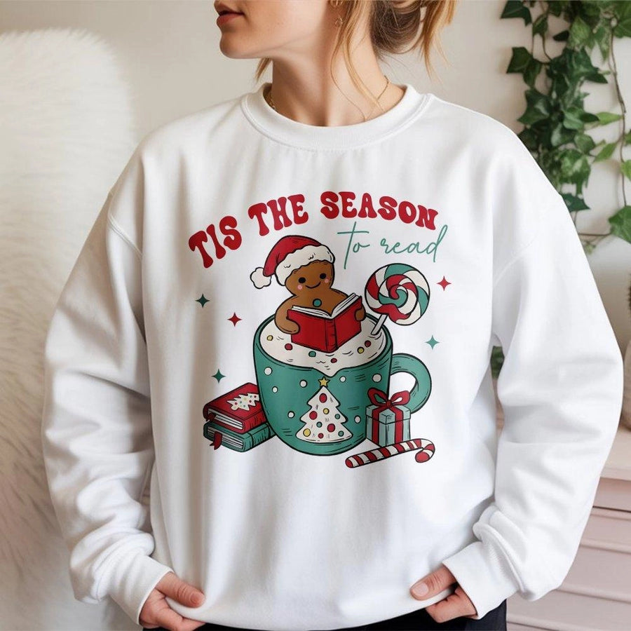 Tis The Season To Read Sweatshirt | Gingerbread Book Lover Christmas Design | Premium Cotton Blend | Holiday Gift For Readers & Librarians