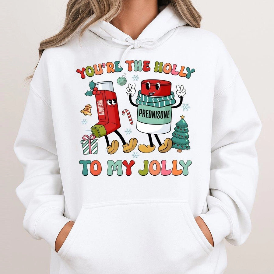 Respiratory Therapist Hoodie | Funny Albuterol Prednisone Christmas Design | Soft Cotton-Blend Pullover | Perfect Medical Professional Holiday Gift