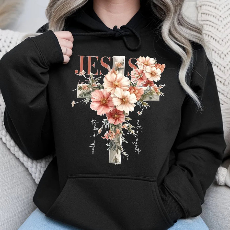 Floral Cross Hoodie | Walk By Faith Inspirational Bible Verse Design | Premium Cotton Blend | Religious Christian Gift For Women