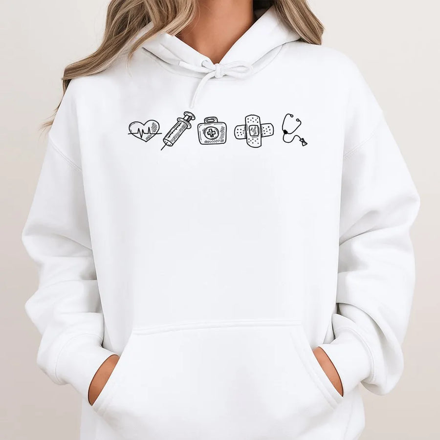 Nurse Hoodie | Medical Doodle Icon Graphic | Soft Cotton Blend | Premium Nursing Student or Registered Nurse Appreciation Gift
