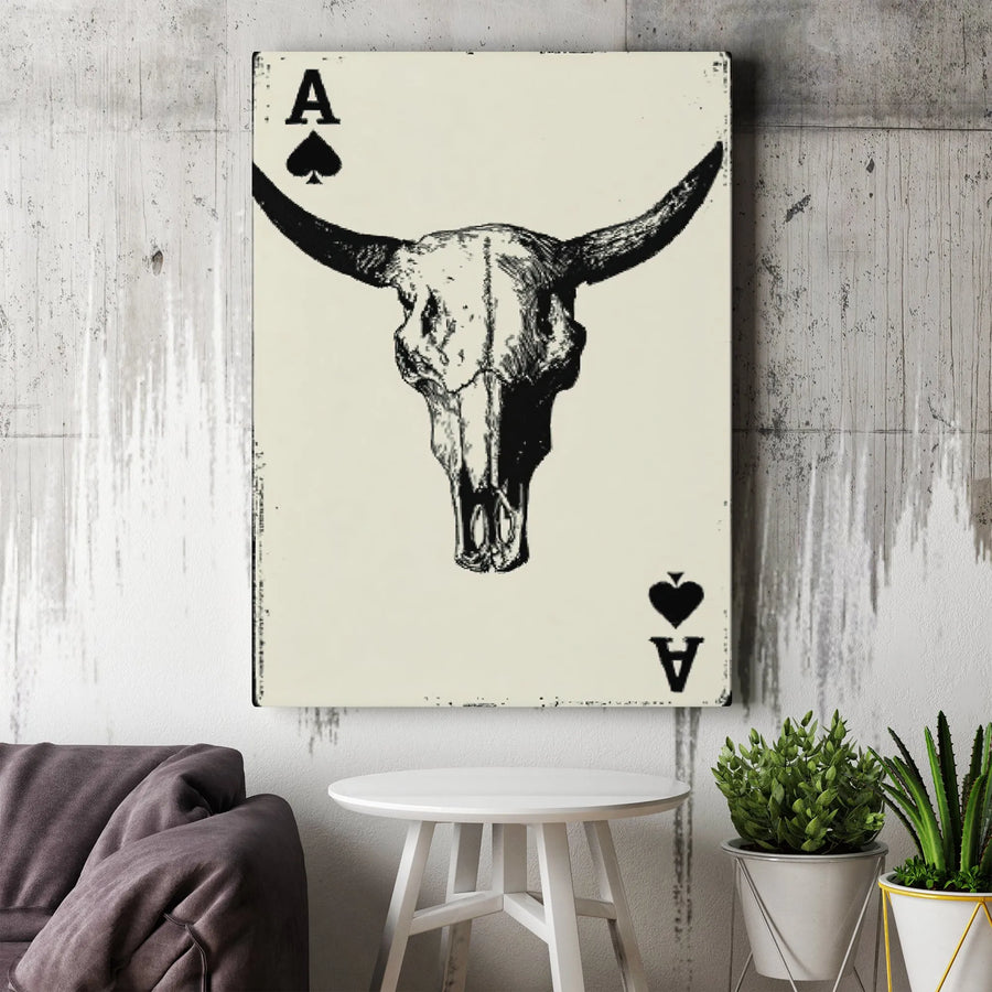 Bull Skull Ace Of Spades Canvas Wall Art | Western Poker Playing Card Decor | Premium Gallery Wrapped Print | Masculine Home Office Gift