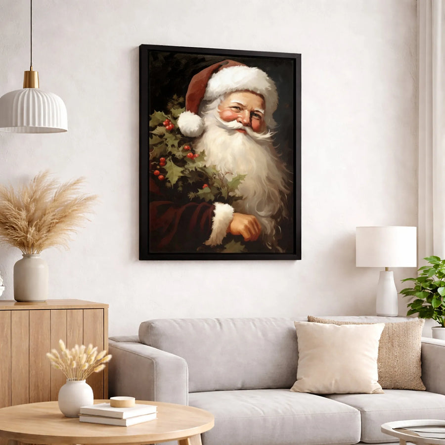 Vintage Santa Claus Wall Art | Traditional Christmas Portrait with Holly | Premium Gallery-Wrapped Canvas | Holiday Home Decor Gift