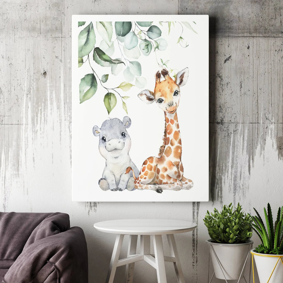 Watercolor Baby Giraffe and Hippo Art | Eucalyptus Nursery Decor | Premium Gallery Canvas | Gift for Baby Shower