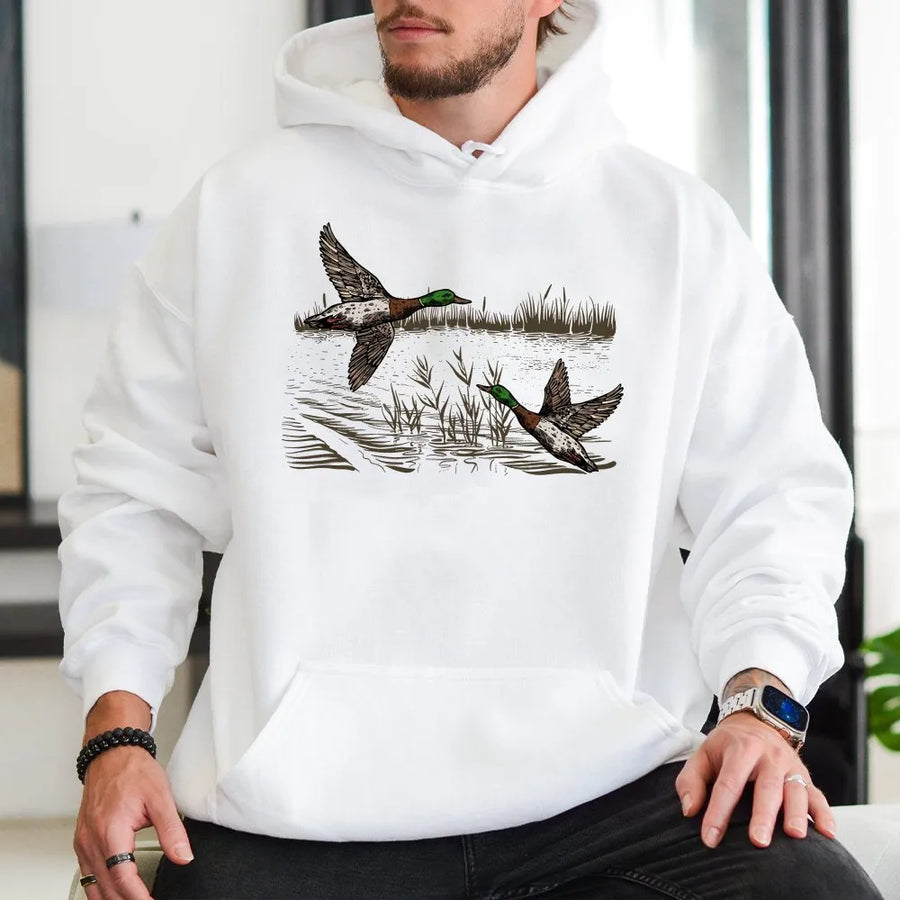 Mallard Duck Hoodie | Vintage Flying Waterfowl Art | Soft Cotton-Polyester Blend | Hunter Gift for Sportsman Outdoors