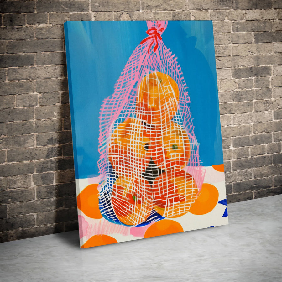 Modern Fruit Still Life Canvas Print | Colorful Pop Art Oranges in Mesh Bag | Premium Gallery Wrapped Wall Art | Kitchen & Dining Home Decor