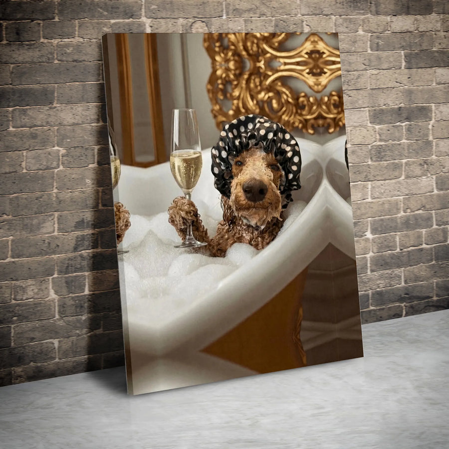 Funny Dog in Bathtub Canvas | Poodle with Champagne & Shower Cap | Premium Gallery Wrapped Art | Unique Bathroom Decor Gift for Dog Mom