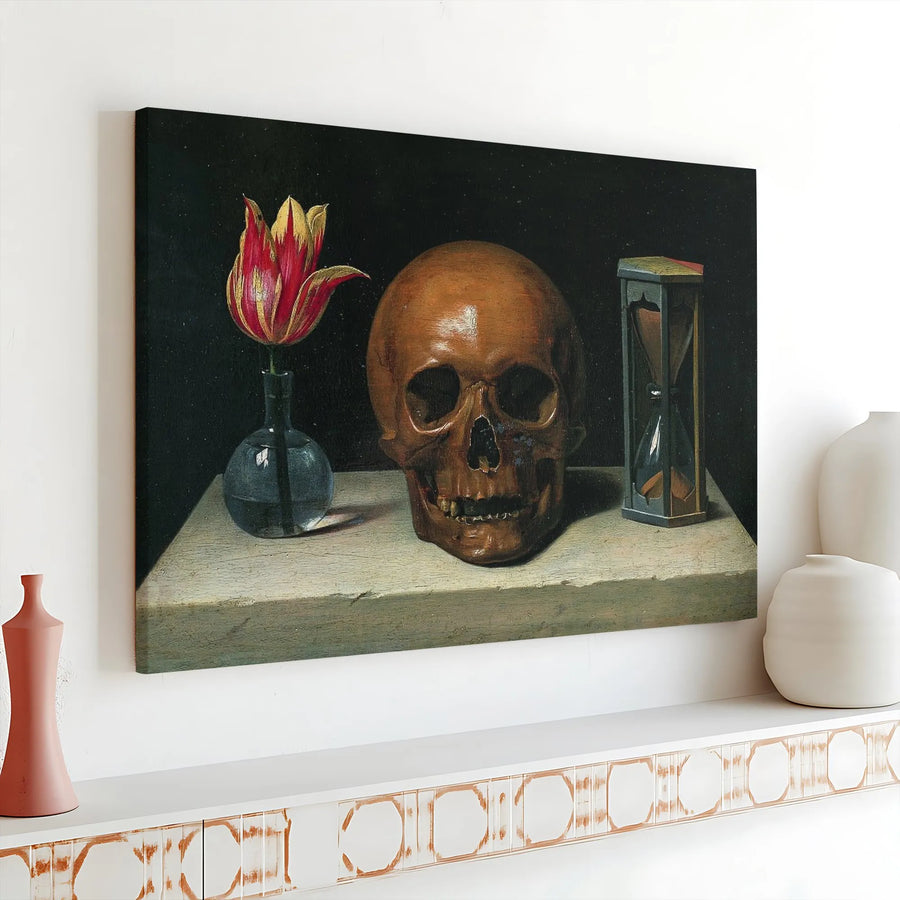 Vanitas Still Life Canvas Print | Skull Tulip & Hourglass Painting | Premium Gallery Quality Canvas | Dark Academia Gothic Home Decor Gift