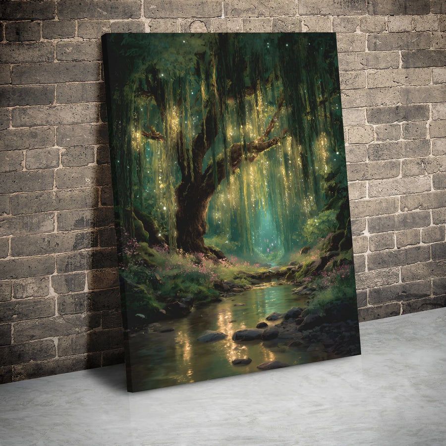 Enchanted Forest Wall Art | Glowing Willow Tree Canvas Print | Premium 1.25" Gallery Wrap | Magical Nature Decor for Bedroom or Living Room
