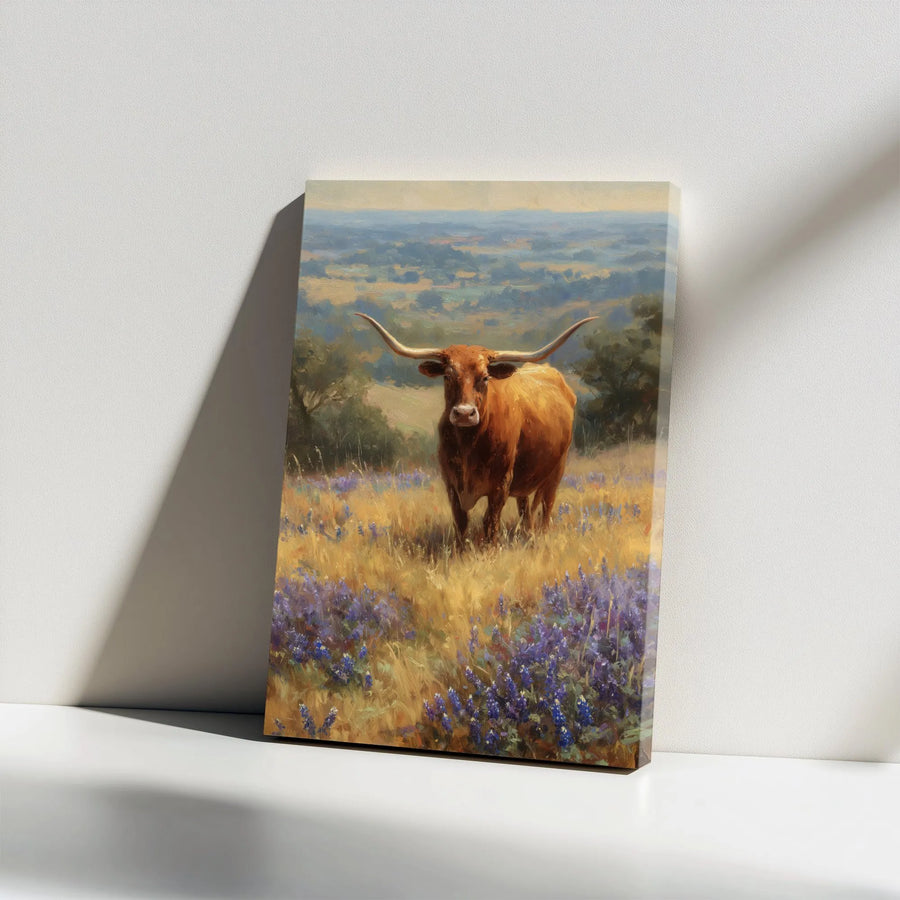 Texas Longhorn Canvas Wall Art | Hill Country Bluebonnet Meadow Landscape | Premium Gallery Wrap Print | Rustic Farmhouse Decor Gift