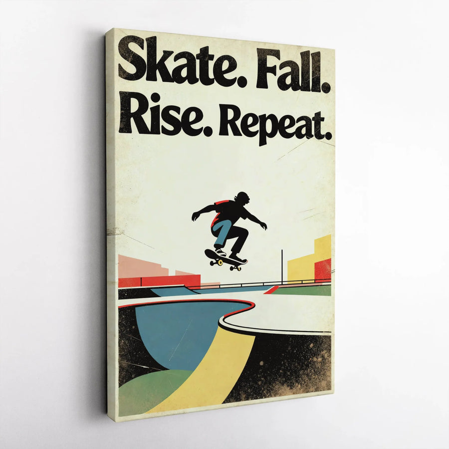 Skate Fall Rise Repeat Canvas Wall Art | Retro Skateboarder Illustration | Premium 1.25-Inch Gallery Wrap | Motivation Gift for Skaters