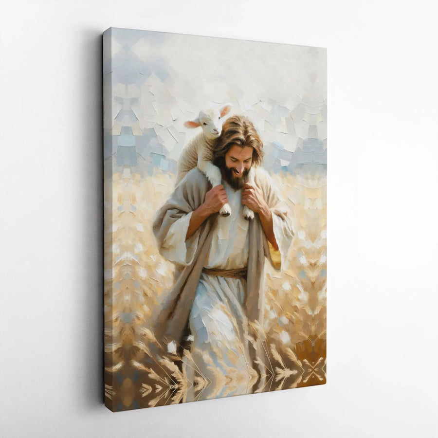 Jesus Good Shepherd Canvas Print | Carrying Lamb Painting | 1.25" Premium Gallery Profile | Religious Home Decor Gift for Christians