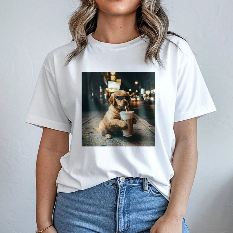 Golden Retriever Iced Coffee T-Shirt | Funny Puppy with Sunglasses Graphic | Premium Comfort Crewneck | Gift for Dog Mom