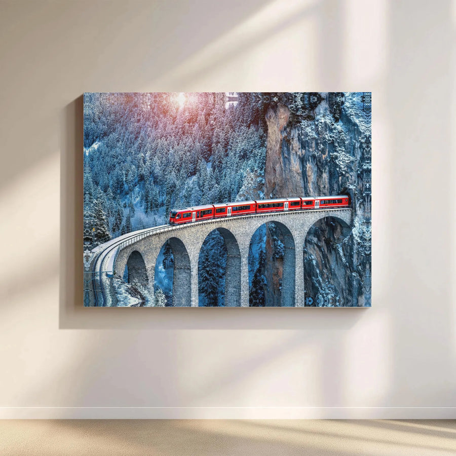 Swiss Alps Train Canvas Wall Art | Red Train Landwasser Viaduct Scenic Print | 1.25" Gallery Wrap Premium Decor | Mountain Landscape Gift for Travel Lovers