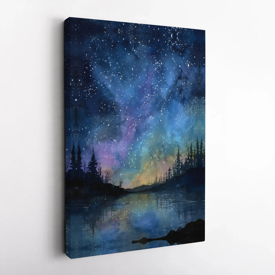 Starry Night Lake Canvas Print | Watercolor Galaxy Wall Art | Premium Gallery Wrapped Decor | Nature Landscape Gift for Home Office