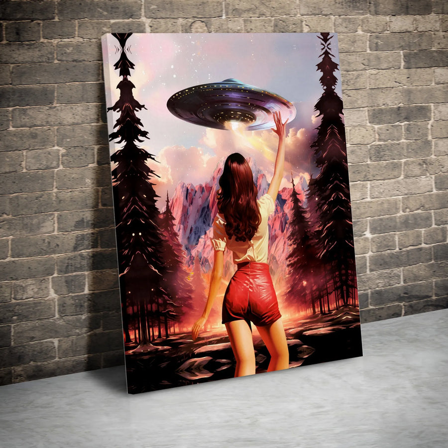 UFO Abduction Canvas Wall Art | Sci-Fi Fantasy Forest Scene | Premium Gallery Wrap Print | Unique Space Decor for Alien Enthusiasts