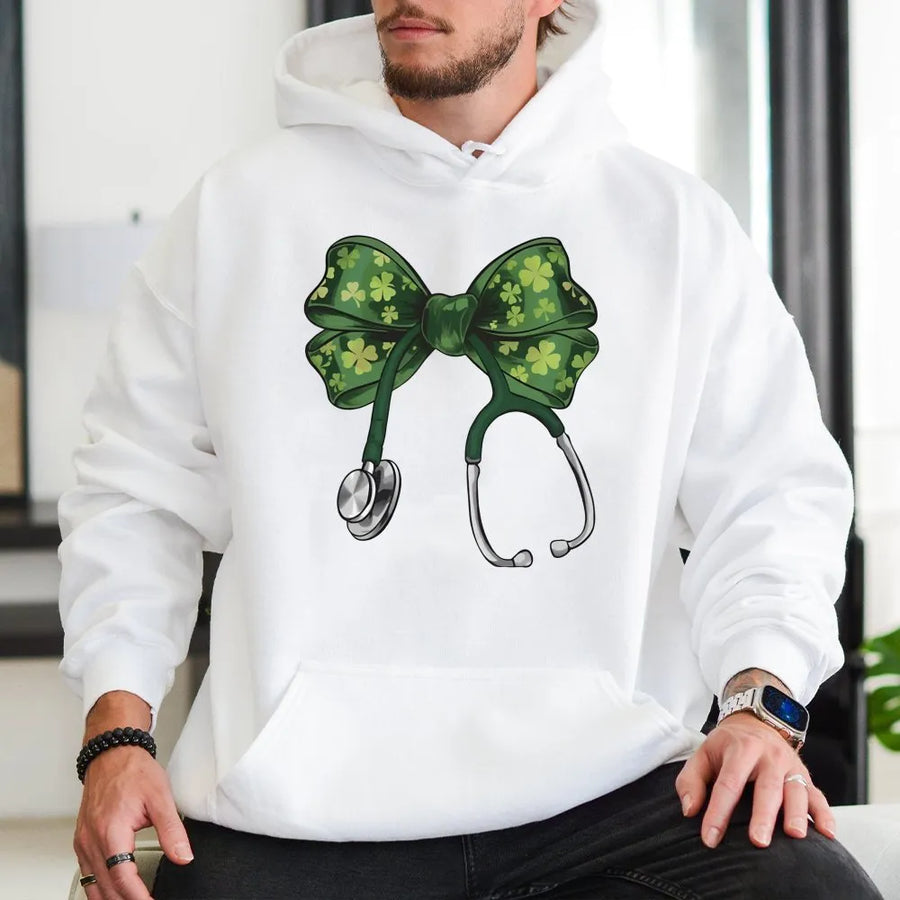St. Patrick's Day Nurse Hoodie | Coquette Shamrock Bow Stethoscope Graphic | Premium Cotton Blend Sweatshirt | Lucky Irish Gift for Healthcare Workers