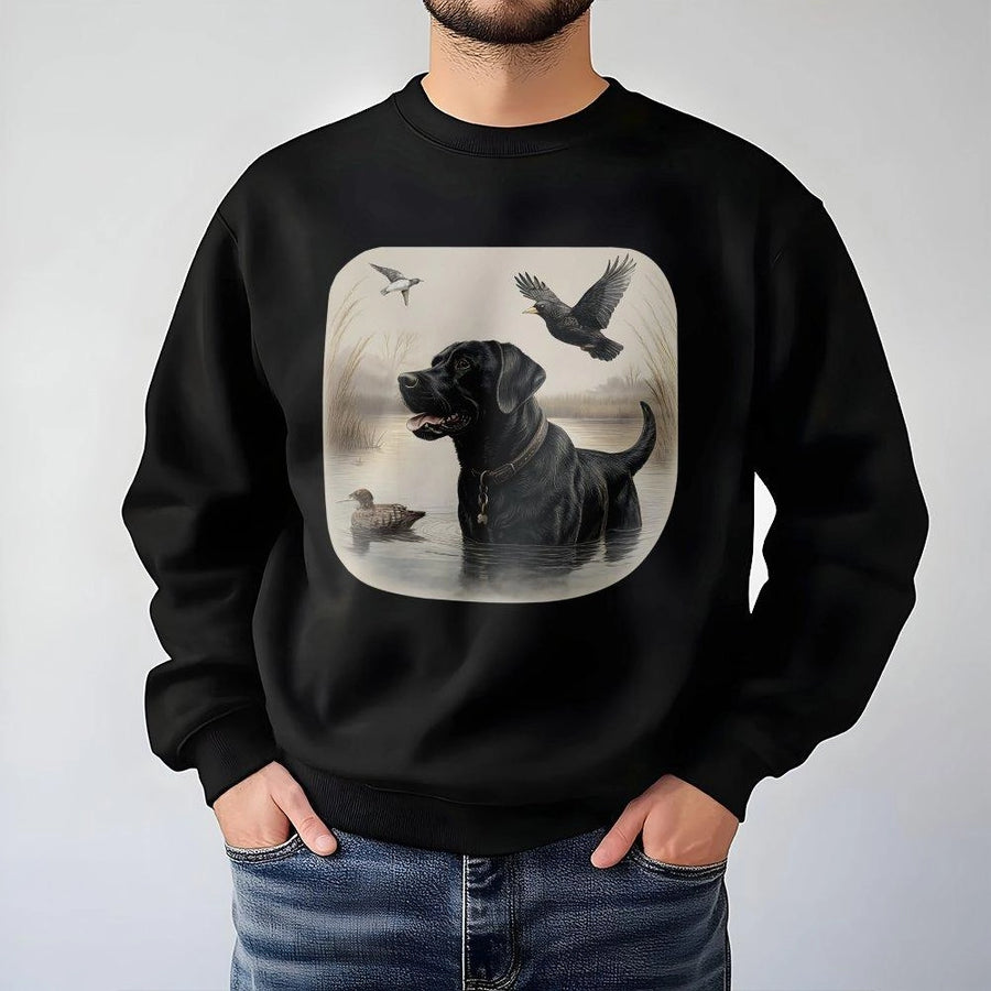 Black Labrador Duck Hunting Sweatshirt | Vintage Wildlife Dog Art | Premium Cotton Blend Crewneck | Outdoor Gift for Hunters and Dog Lovers