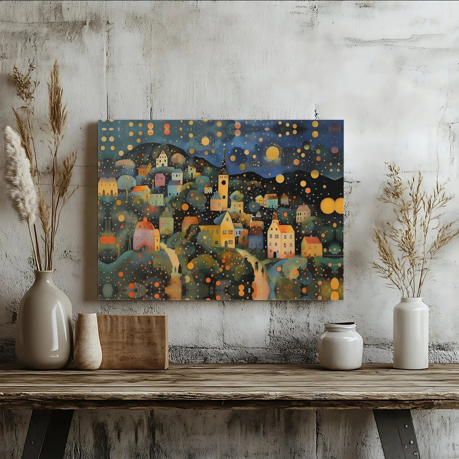 Whimsical Folk Art Canvas Wall Art | Glowing Village Night Scene | Premium Gallery Wrap Print | Dreamy Bedroom Decor Gift
