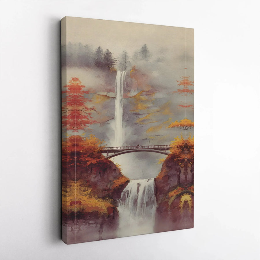Watercolor Waterfall Canvas Wall Art | Autumn Forest Bridge Landscape | Premium Gallery-Wrapped Print | Nature Home Decor Gift