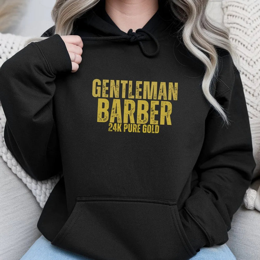 Gentleman Barber Hoodie | 24k Gold Typography Graphic | Premium Cotton Blend | Gift For Barber Hairdresser Stylist